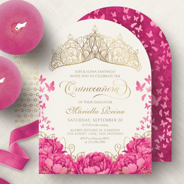 Hot Pink Crown Butterflies Elegant Quinceanera Invitation (Creator Uploaded)