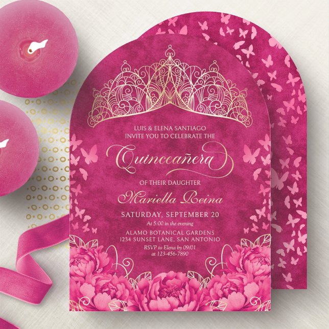 Hot Pink Crown Butterflies Elegant Quinceanera Invitation (Creator Uploaded)