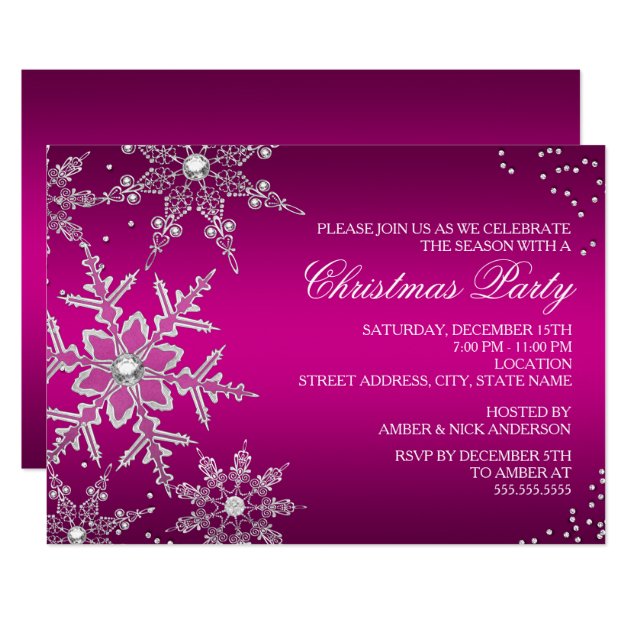 Hot Pink Crystal Snowflake Christmas Dinner Party Invitation
