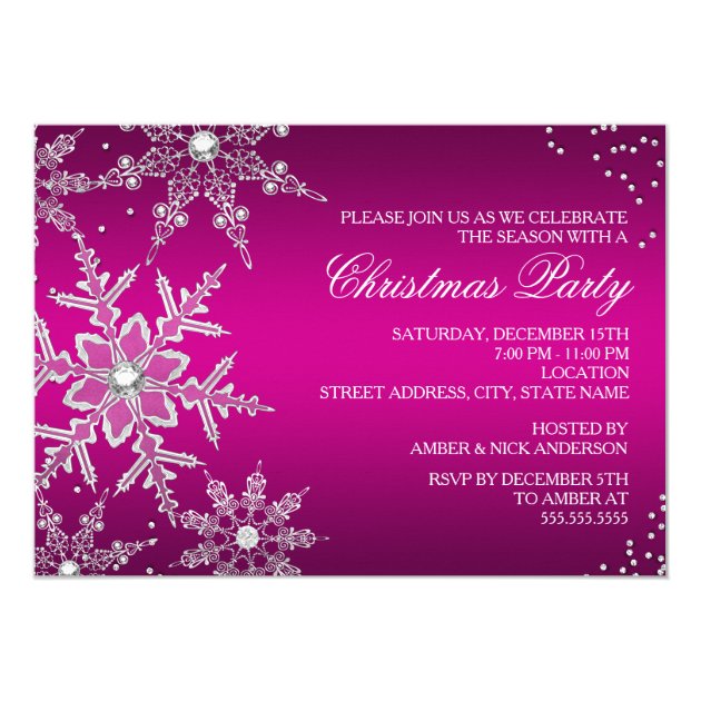 Hot Pink Crystal Snowflake Christmas Dinner Party Invitation