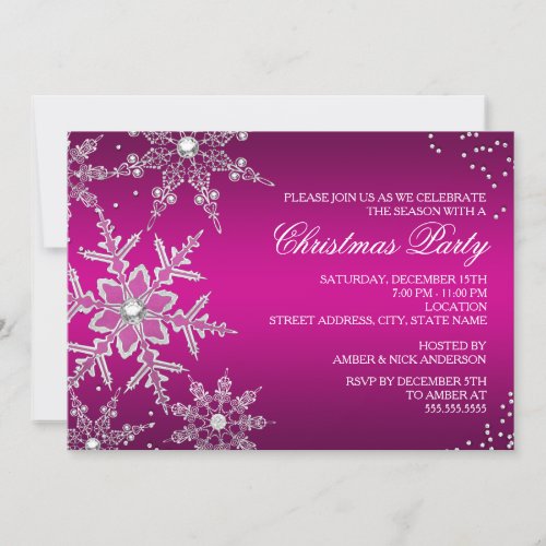 Hot Pink Crystal Snowflake Christmas Dinner Party RSVP Card