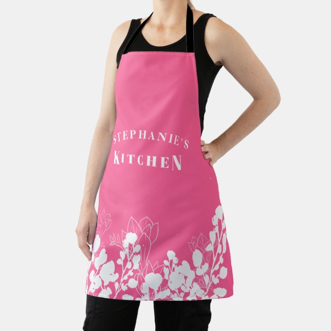 Hot Pink Custom Name White Floral Apron (Insitu)