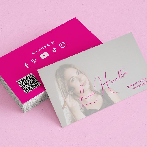 Hot pink custom photo makeup artist QR CODE Business Card