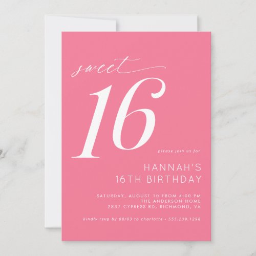 Hot Pink  Cute Bright Cerise Sweet 16 Birthday Invitation