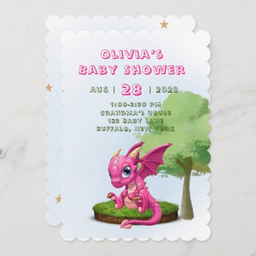 Hot Pink Cute Dragon Girl Baby Shower Invitation