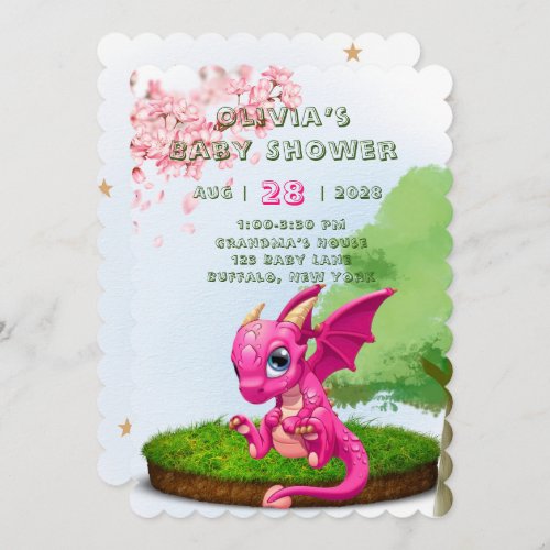 Hot Pink Cute Dragon Girl Baby Shower Invitation