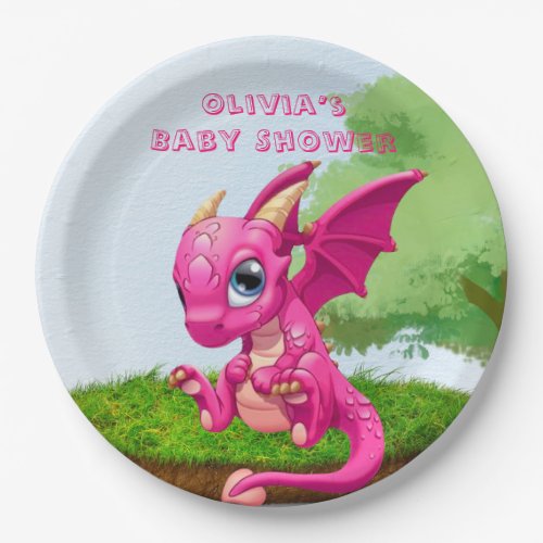 Hot Pink Cute Dragon Girl Baby Shower Paper Plates
