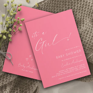 Hot Pink Cute Heart It's a Girl Baby Shower Invitation