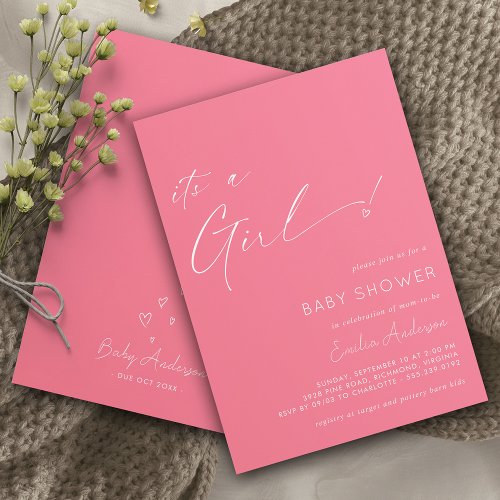 Hot Pink  Cute Heart Its a Girl Baby Shower Invitation