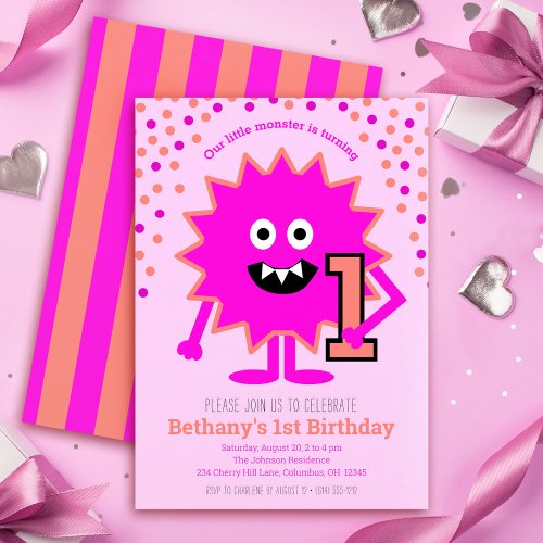 Hot Pink Cute Little Monster 1st Birthday Girl Invitation