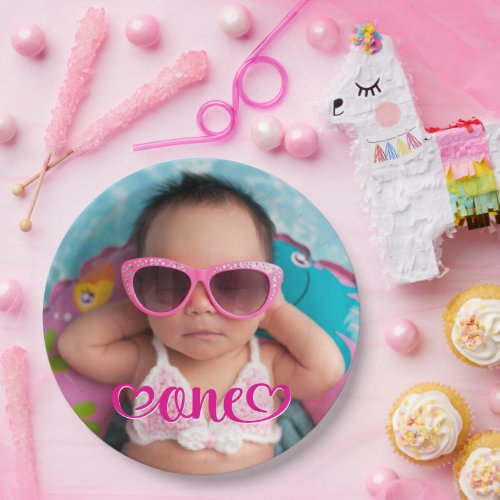 Hot Pink Cute One Hearts Photo 1st Birthday Paper Plates