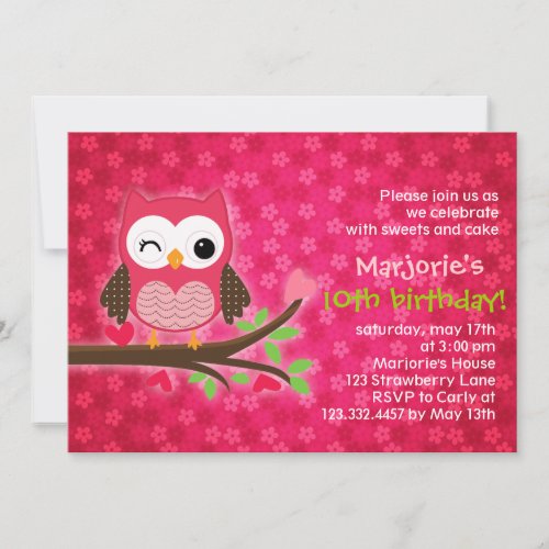 Hot Pink Cute Owl Girly Birthday Party Invitation
