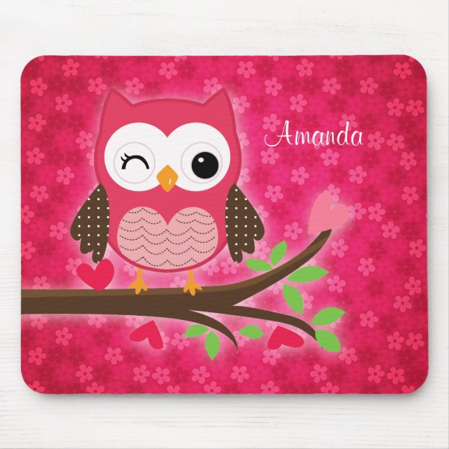 Hot Pink Cute Owl Girly Mouse Pad (Front)