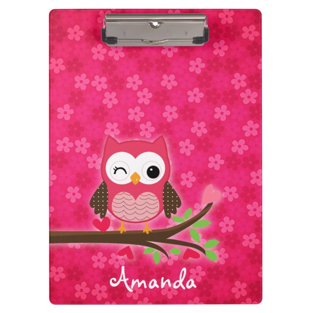 Hot Pink Cute Owl Girly Personalized Clipboard (Front)