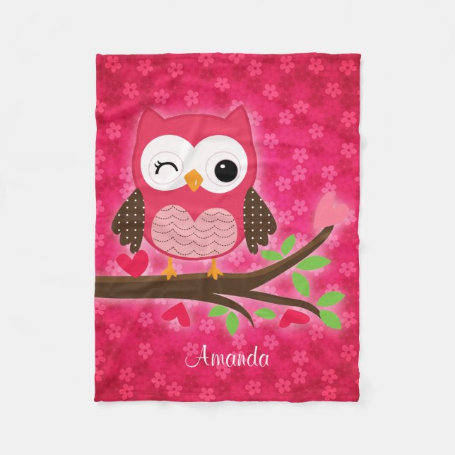 Hot Pink Cute Owl Girly Personalized Fleece Blanket (Front)