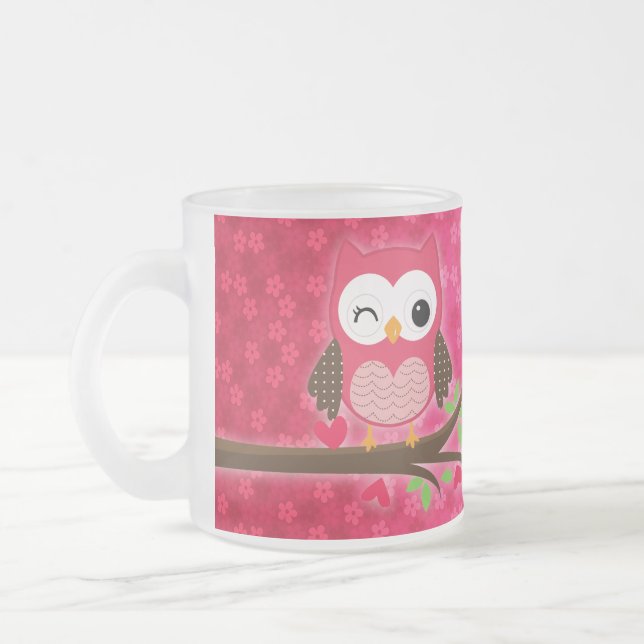 Hot Pink Cute Owl Girly Personalized Frosted Glass Coffee Mug (Left)