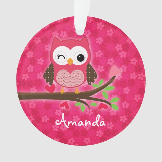 Hot Pink Cute Owl Girly Personalized Ornament (Front)