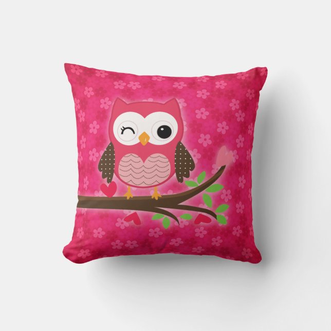 Hot Pink Cute Owl Girly Personalized Throw Pillow (Front)