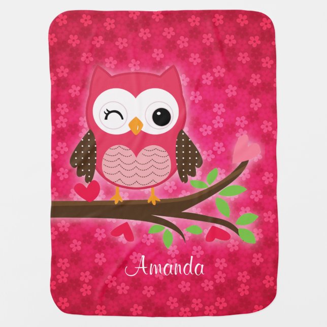 Hot Pink Cute Owl Girly Stroller Blanket (Front)