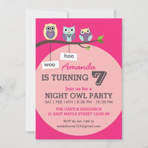 Hot Pink Cute Owl Polka Dots Birthday Invitation