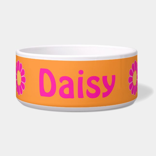 Hot Pink Daisies on Orange Personalized Pet Bowl (Front)