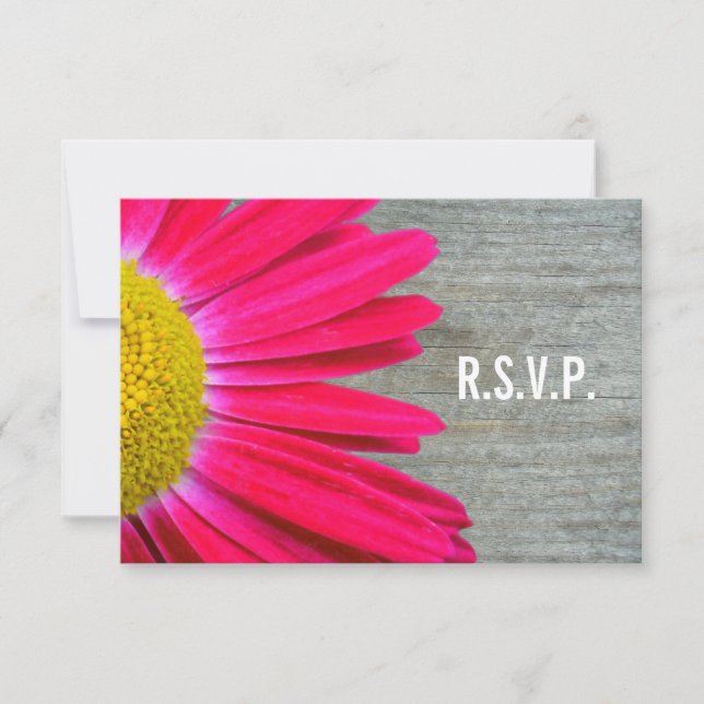 Hot Pink Daisy & Barnwood Wedding R.S.V.P. RSVP Card (Front)