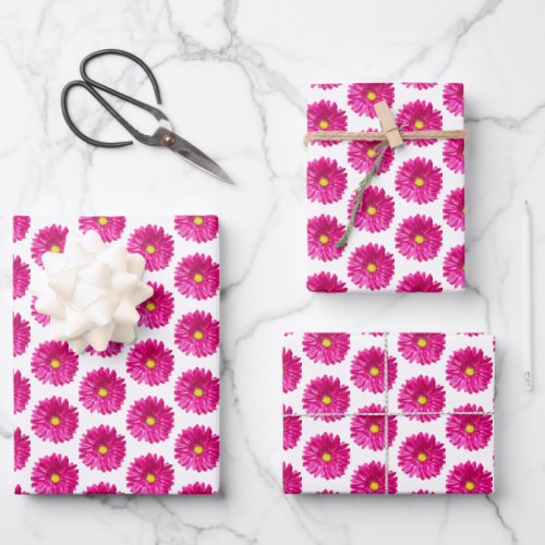 Hot Pink Daisy Floral Wrapping Paper 3 Sheets