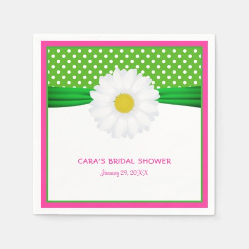 Hot Pink Daisy  Green Polka Dots Bridal Shower Napkins