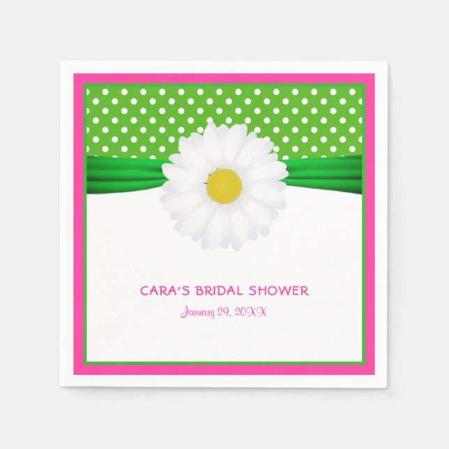 Hot Pink Daisy & Green Polka Dots Bridal Shower Napkins (Front)