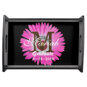 Hot Pink Daisy on Black Monogrammed Serving Tray
