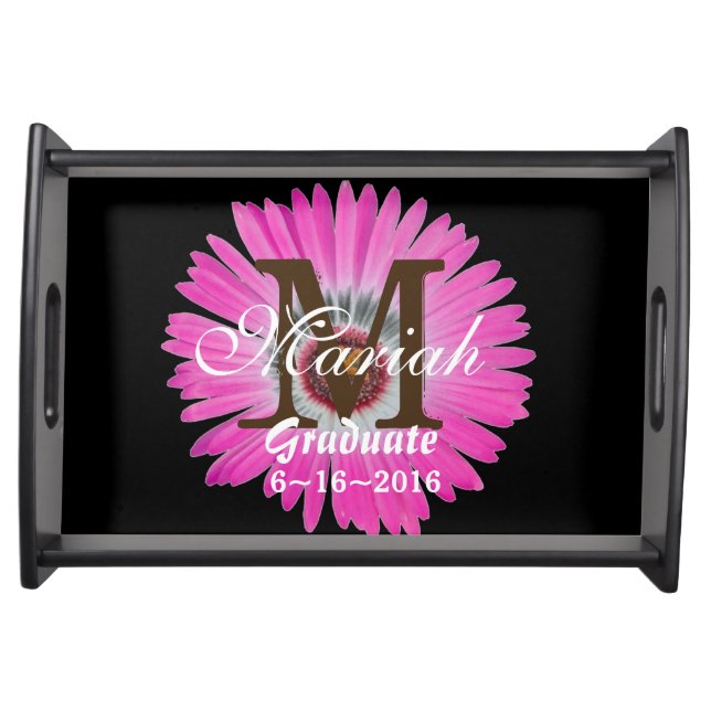 Hot Pink Daisy on Black Monogrammed Serving Tray (Front)