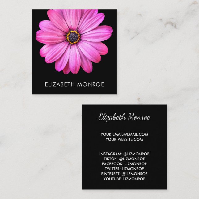Hot Pink Daisy on Black Square Calling Card (Front/Back)