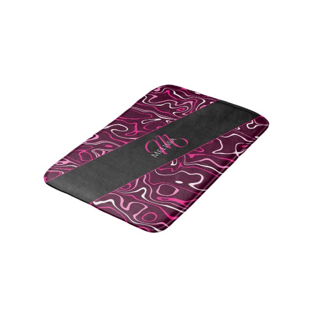 Hot pink damascus abstract swirls Custom Monogram Bath Mat (Angled)