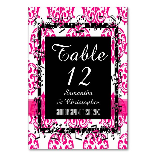 Hot Pink damask and black Table Number (Front)