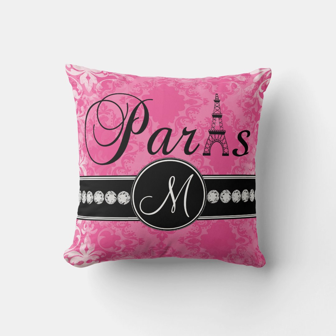 Hot Pink Damask Black Parisian Monogram Pillow Zazzle