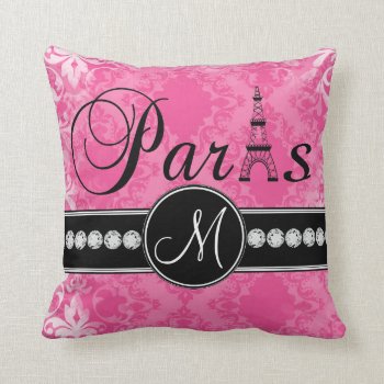 Hot Pink Damask Black Parisian Monogram Pillow by MonogramGalleryGifts at Zazzle