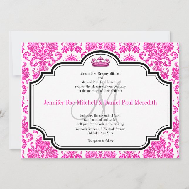 Hot Pink Damask Black White Wedding Invitations (Front)