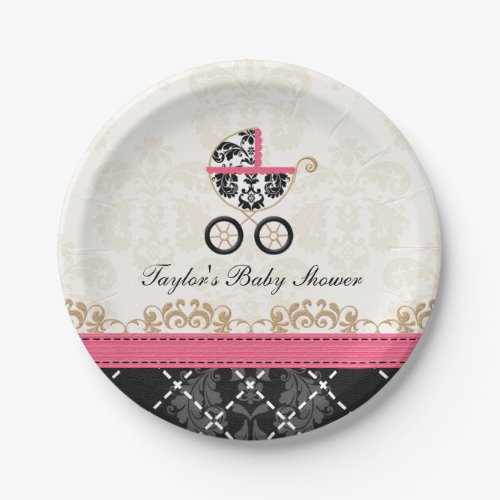 Hot Pink Damask Carriage Baby Shower Paper Plates