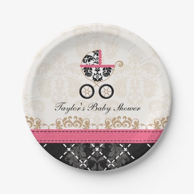 Hot Pink Damask Carriage Baby Shower Paper Plates (Front)