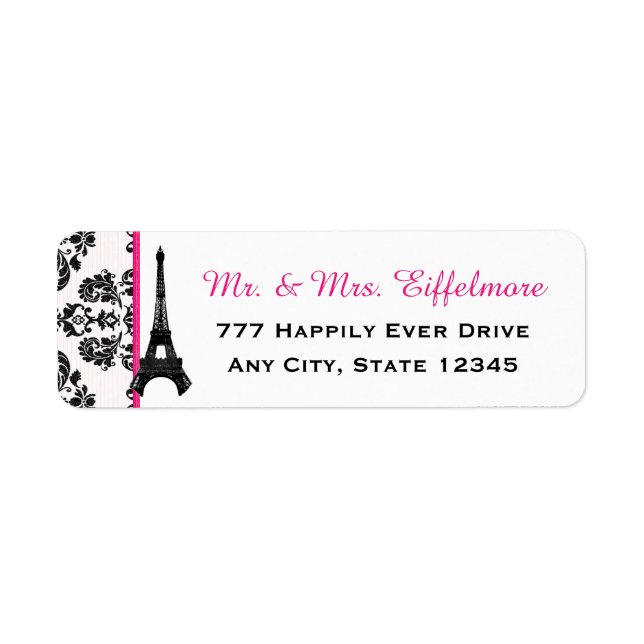 Hot Pink Damask Eiffel Tower Label (Front)
