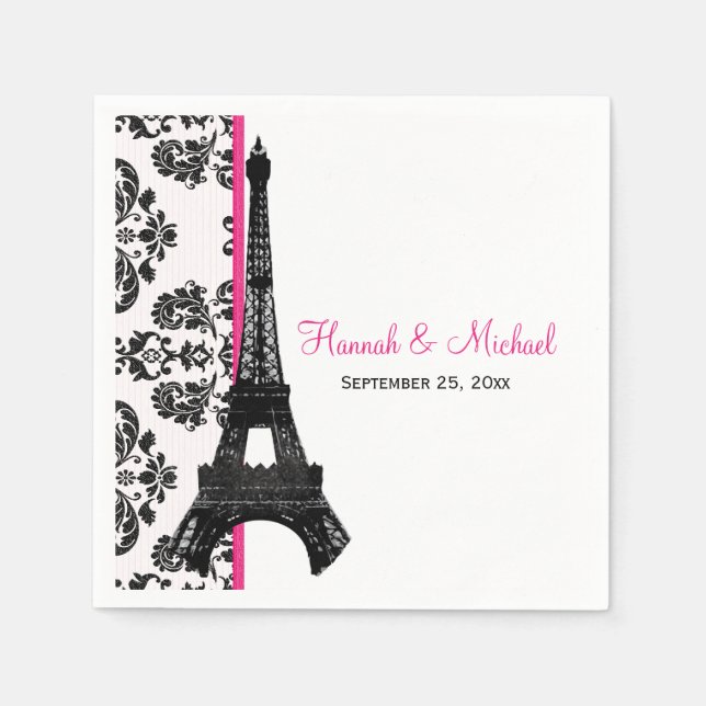 Hot Pink Damask Eiffel Tower Wedding Napkins (Front)