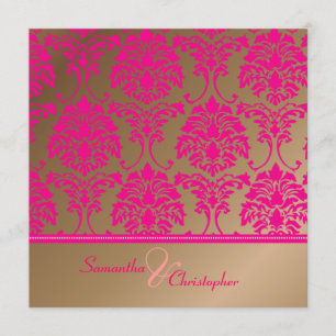 Hot pink damask/faux copper wedding invitation