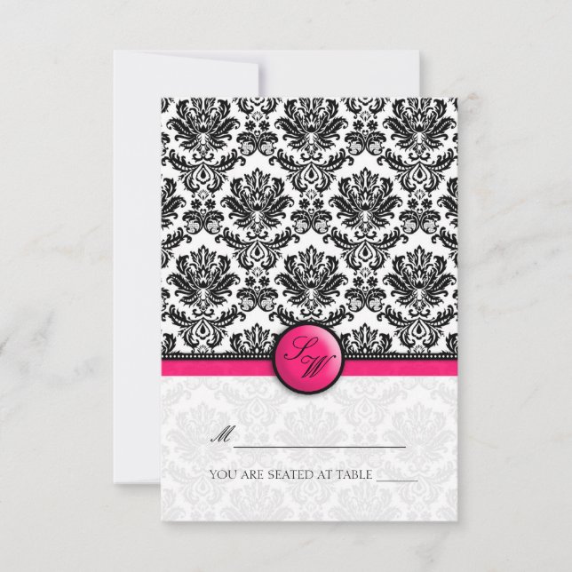 Hot Pink Damask Folding Tent  Place Card (Front)