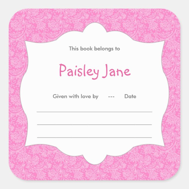 Hot Pink Damask Girl Book baby shower Bookplate (Front)