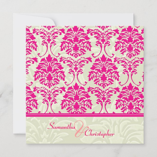 Hot pink damask/ivory damask wedding invitations (Front)