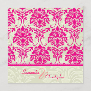 Hot pink damask/ivory damask wedding invitations
