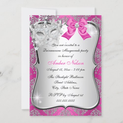 Hot Pink Damask Mask Quinceanera Masquerade Invite