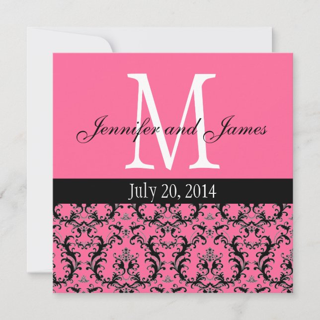 Hot Pink Damask Monogram Wedding Invitation 5 (Front)