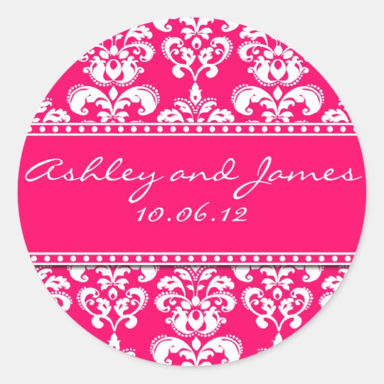 Hot Pink Damask Names and Date Wedding Stickers