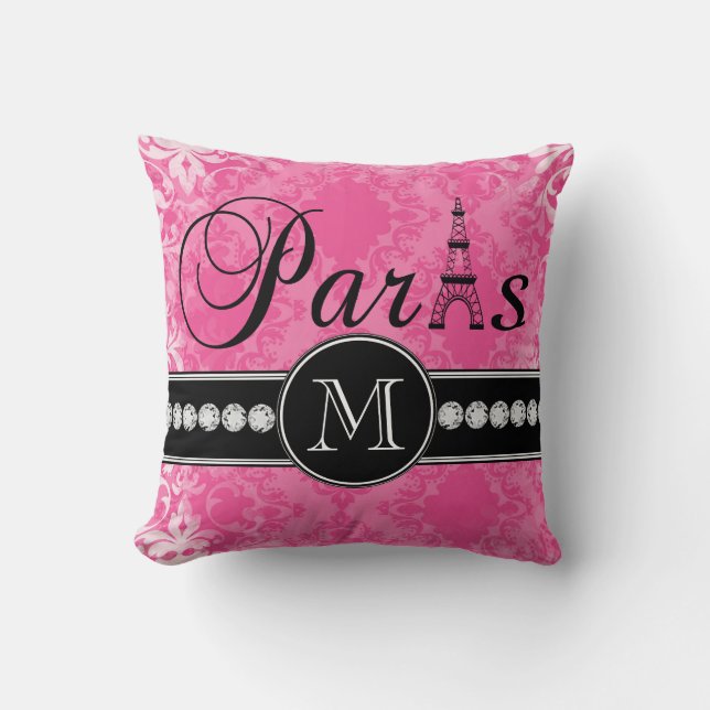 Hot Pink Damask Paris Monogrammmed Throw Pillow (Front)